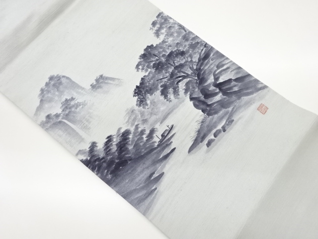 作家物　手織り紬手描き渓谷模様名古屋帯